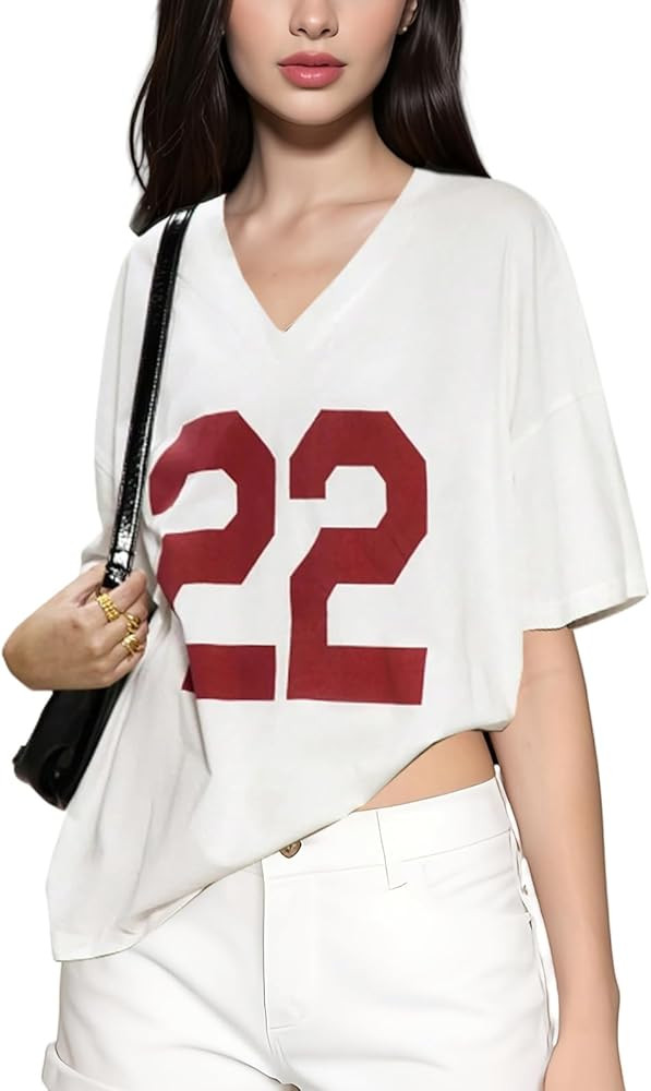 Womens Y2K Jersey Shirt Drop Shoulder Oversized V Neck Tee Graphic Number Sporty Streetwear Casua... | Amazon (US)