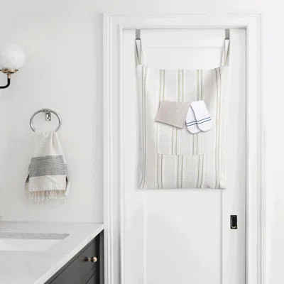Farmhouse Hanging Laundry Hamper With 2 Hooks, Boho Beige & Brown Stripes Linen Laundry Bag With Zipper & Wide Open Top, Over The Door Organizer | Wayfair North America