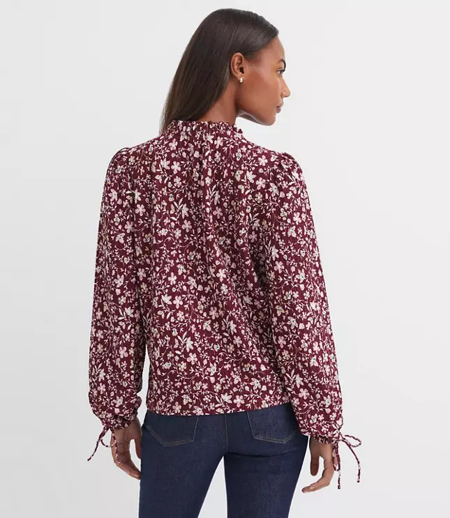 Floral Ruffle Tie Cuff Top | LOFT
