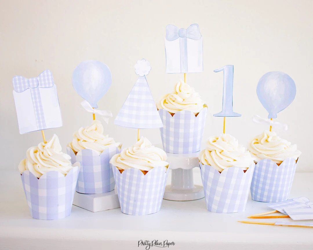 Watercolor Light Blue Cupcake Toppers | Printable | Classic Blue & White Birthday Cupcake Toppers... | Etsy (US)