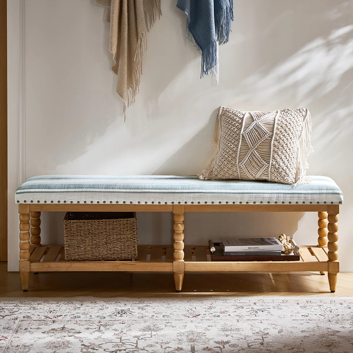 Delfina 58"W Farmhouse Solid Wood Open Storage Bench with Nailhead Trim | Wayfair North America