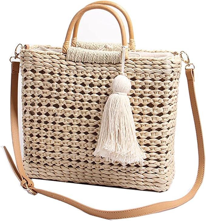 Women's straw bag messenger bag purse, tassel straw handbag vintage hand-woven bag, summer beach ... | Amazon (US)