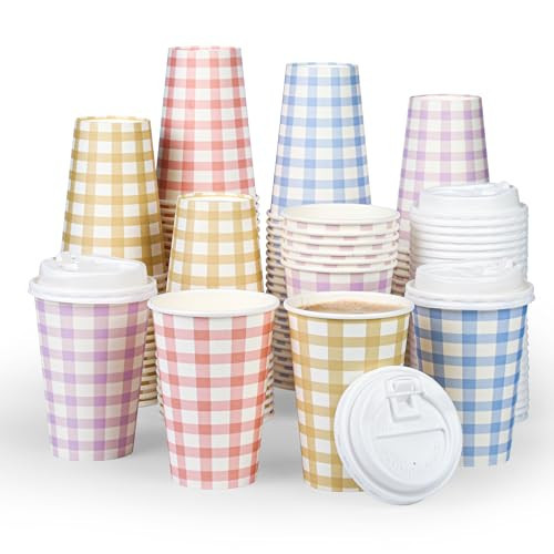 Houuqe 100 PACK Gingham 12OZ Coffee Cups with Lids, 4 Colors Disposable Plaid To Go Paper Coffee Cups Checkered Coffee Cup for Hot/Cold Drinks Beverage Chocolate Cocoa Office Home Shop (4 Colors) | Amazon (US)