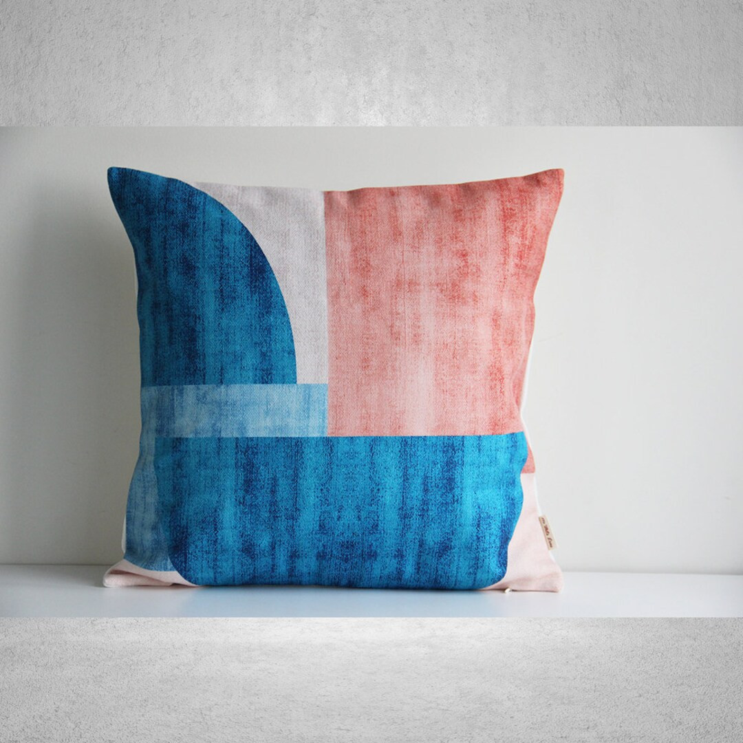 Mid Century Geo Pink Bue Throw Pillow Cover Abstract Pillow Case Linen With Cotton, 18x18 20x20 4... | Etsy (US)