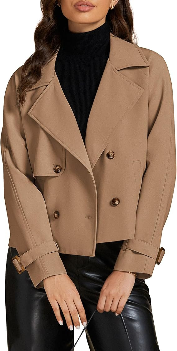 luvamia Cropped Trench Coat for Women Long Sleeve Double Breasted Notched Lapel Casual Loose Fit ... | Amazon (US)