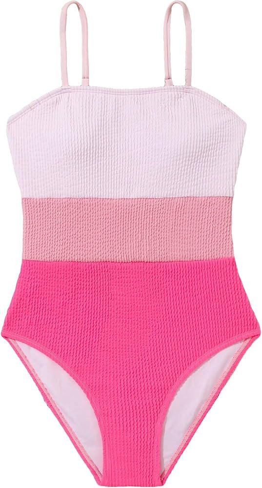 OYOANGLE Girl's One Piece Swimsuits Colorblock Sleeveless Spaghetti Straps Wireless Swimwear | Amazon (US)
