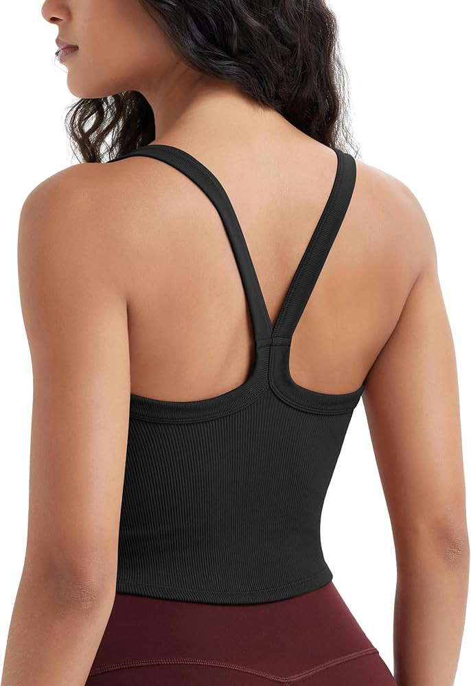 ODODOS Women's Seamless Crop Cami Wide Scoop Neck Ribbed Soft Open Racerback Cropped Tank | Amazon (US)