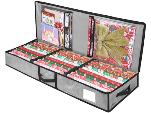 BALEINE SOFT Christmas Wrapping Paper Storage Bag, 40" Durable PE Gift Wrap Storage Bag with Flexible Partitions and Pockets for Ribbon, Accessories (Grey) | Amazon (US)