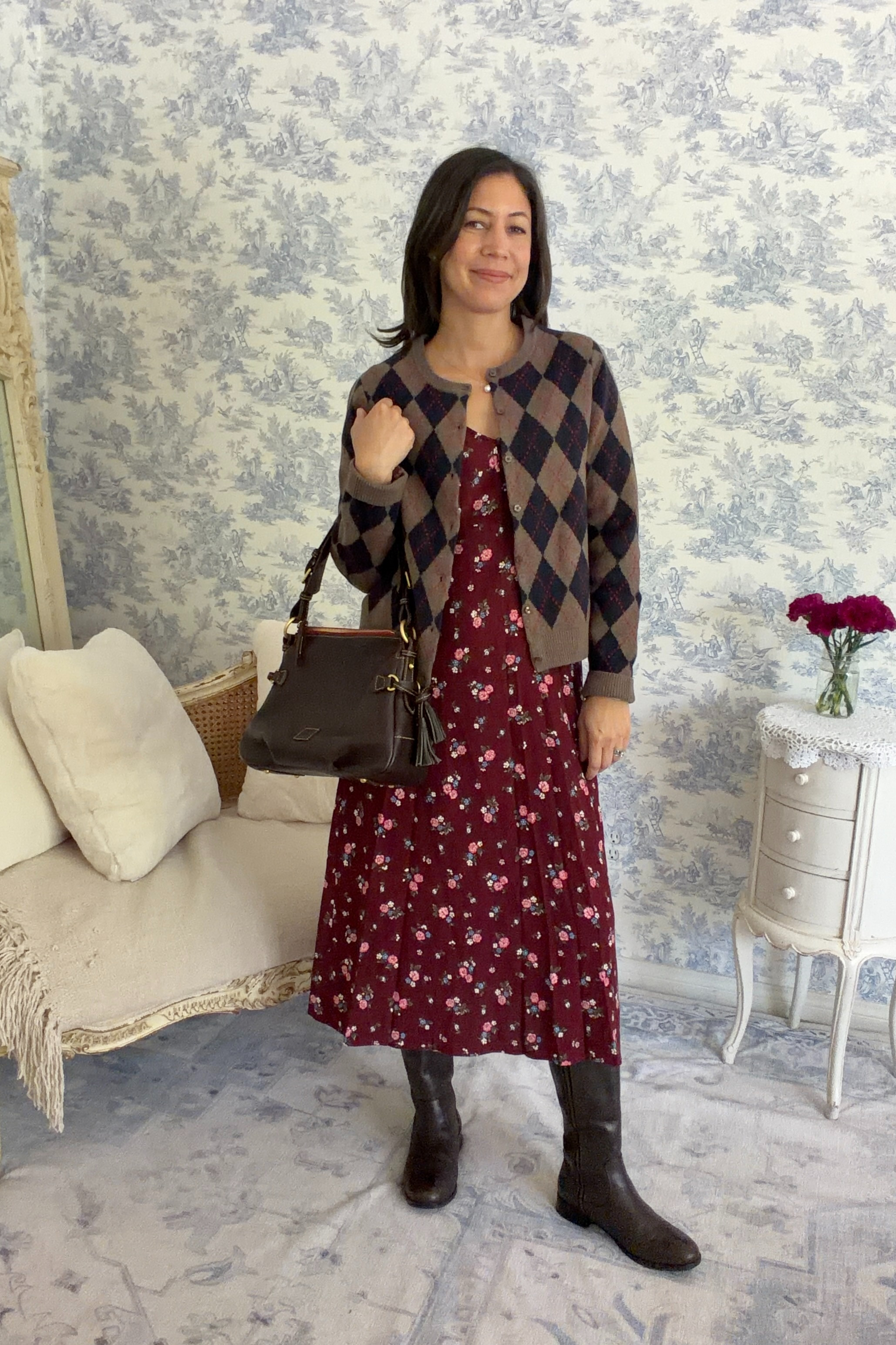 Last time I shared argyle paired with jeans for a classic look. This time we are mixing patterns with this floral dress from Target. I love mixing unexpected patterns. This is my alter ego: "Little Old Lady Sleuthing in the English Countryside" perfection! 😆 

 #LTKootd #LTKmomlife #LTKOver40