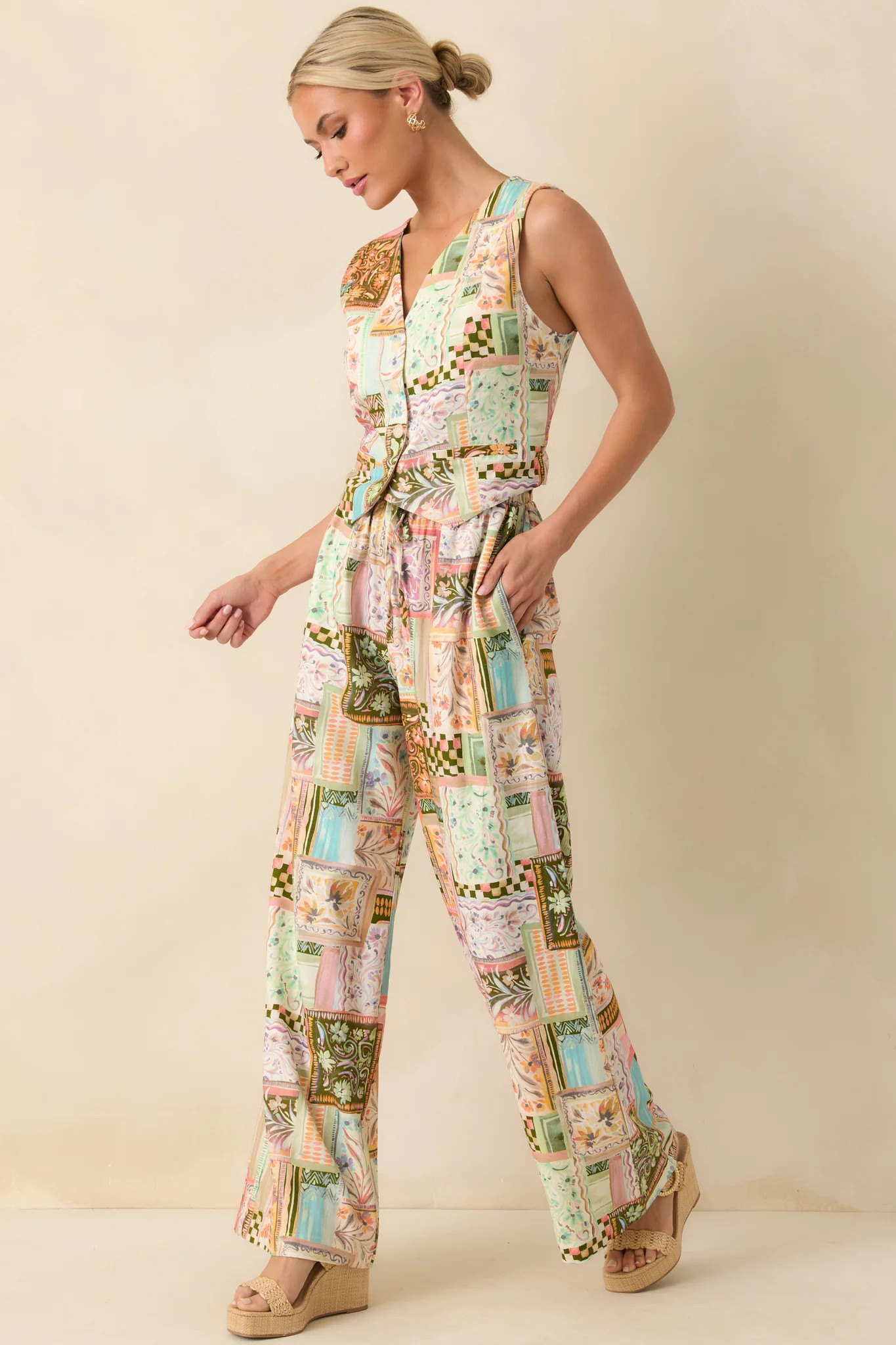 Let The Day Unfold Light Green Multi Patchwork Linen Blend Pants | Red Dress