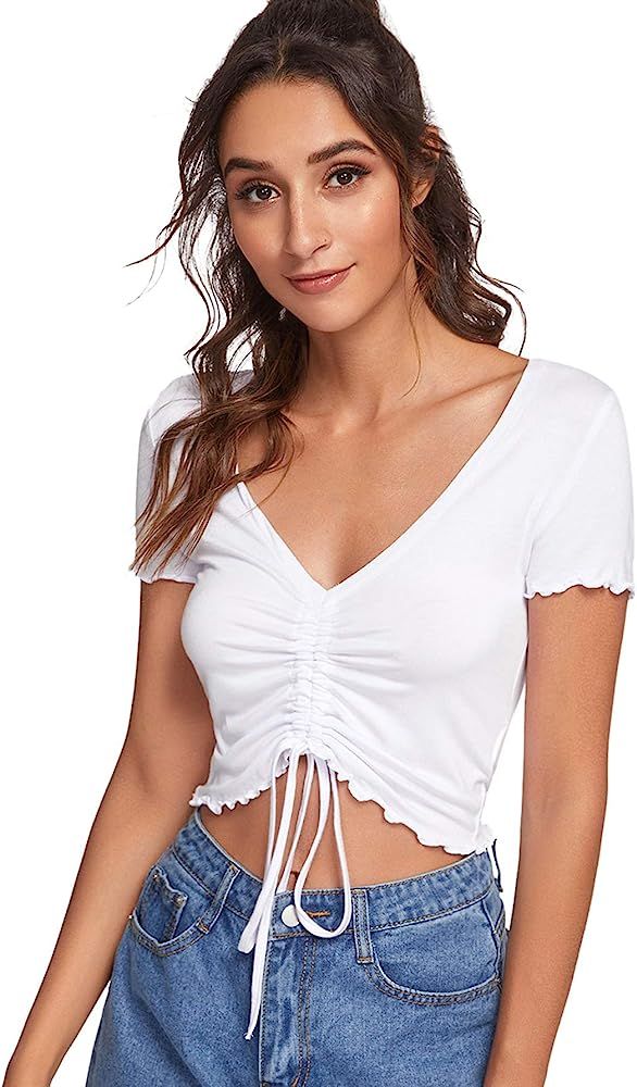 Verdusa Women's Ruched Drawstring Front V Neck Crop Tee Top | Amazon (US)