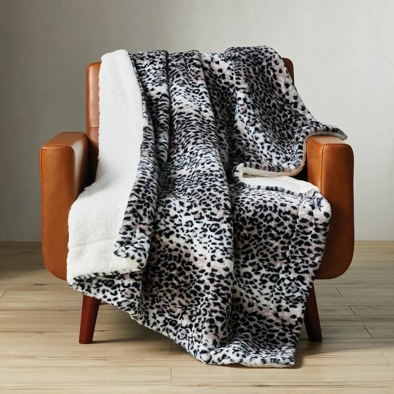 Better Homes & Gardens Gray Leopard Faux Fur and Sherpa Throw Blanket, Standard Throw | Walmart (US)