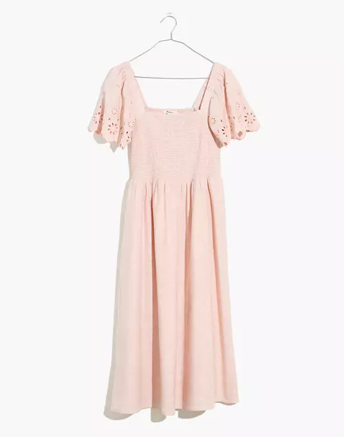 Linen-Blend Eyelet-Sleeve Lucie Smocked Midi Dress | Madewell