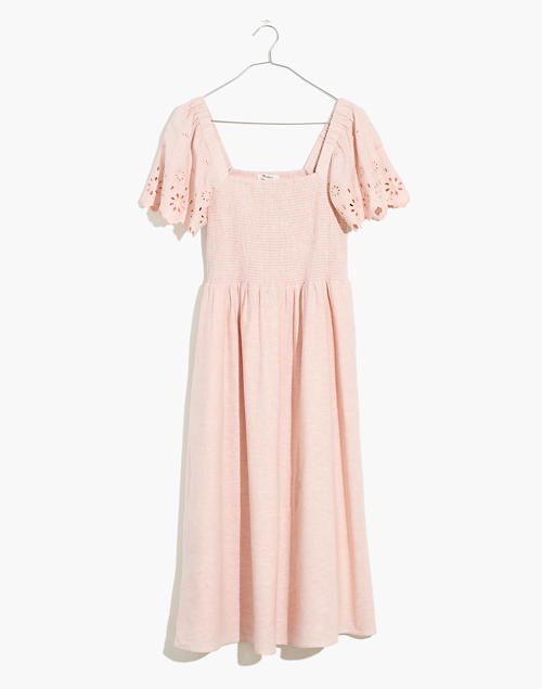 Linen-Blend Eyelet-Sleeve Lucie Smocked Midi Dress | Madewell