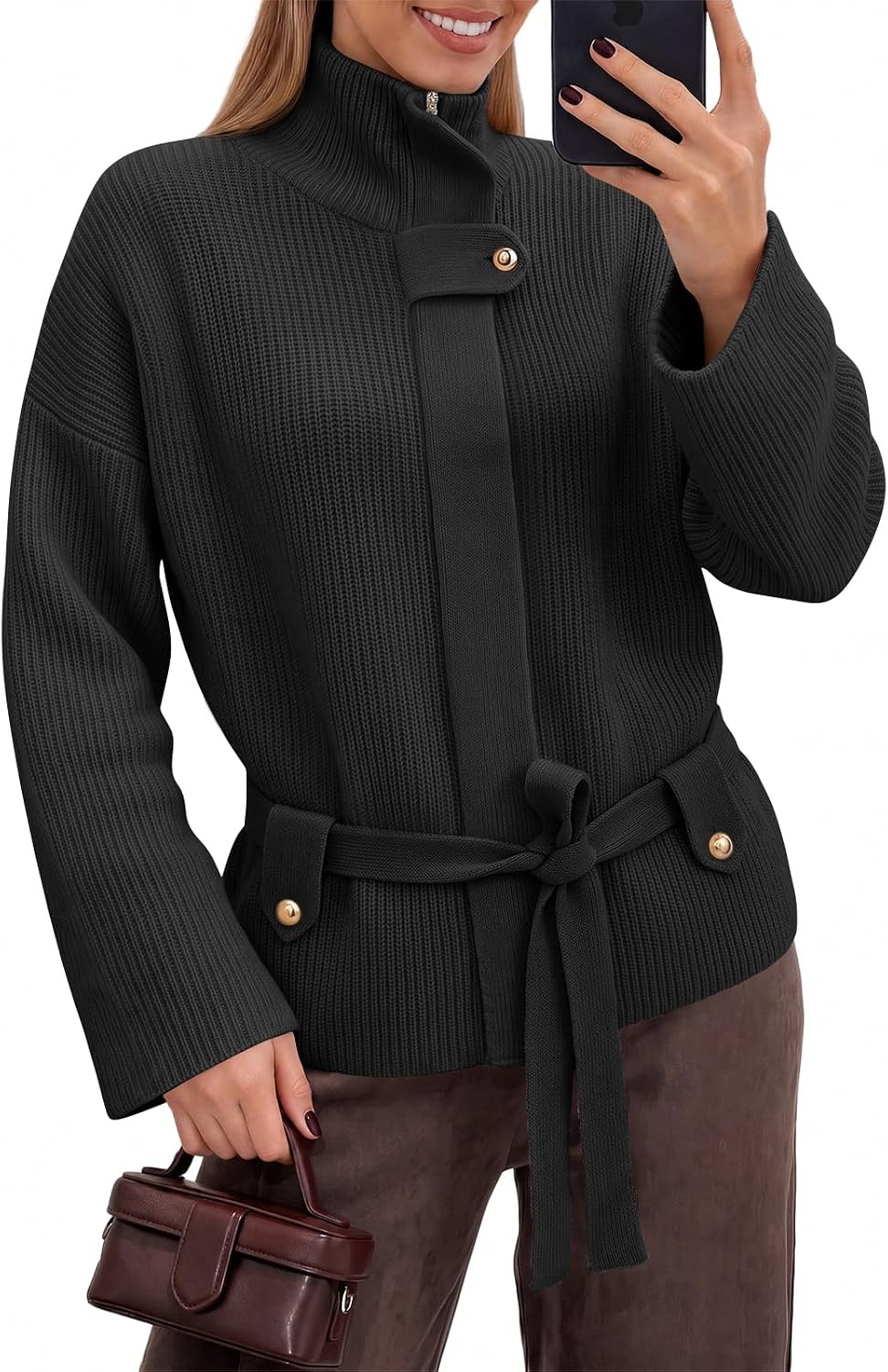 Saodimallsu Womens Zip Up Sweater Jackets Stand Collar Cropped Cardigans | Amazon (US)