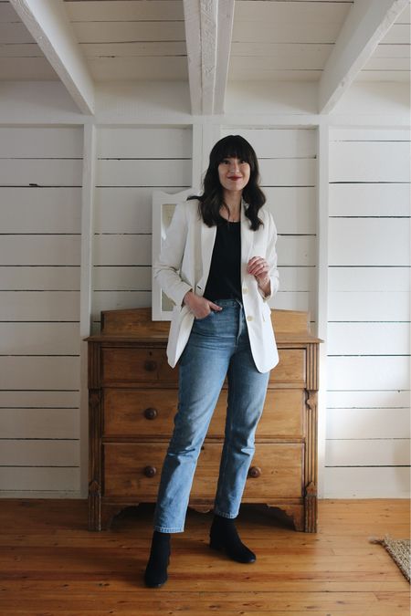 Easy look for a dinner with friends or casual date night. 

Blazer is sold out in ivory but linked to same style in other colours and more ivory options
Crepe Silk Tank is TTS
90’s Cheeky Jeans are TTS (if between go down in this wash)
ReKnit boot is TTS