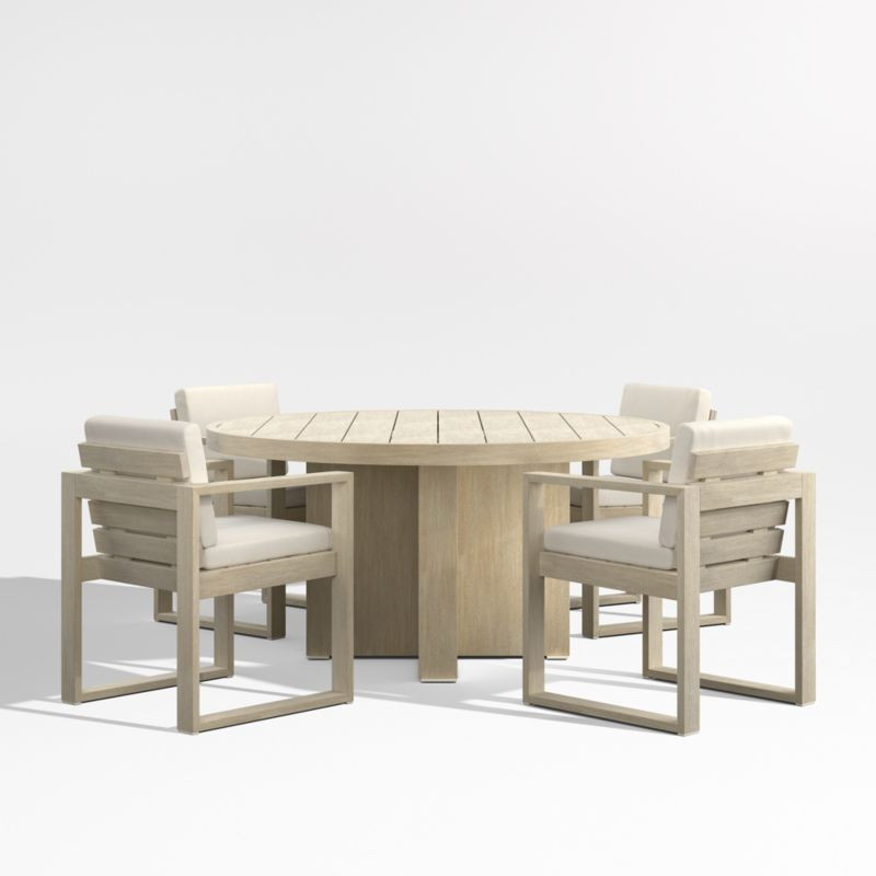 Mallorca 60"" Wood Outdoor Dining Table Set with Ivory Cushions | Crate & Barrel