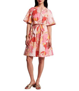 Nancy Floral Poplin Mock Neck Elbow Sleeve Tie Waist Dress | Dillard's