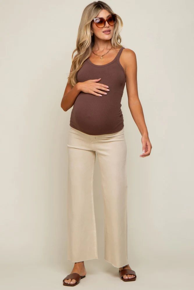 Beige Raw Hem Wide Leg Maternity Jeans | PinkBlush Maternity