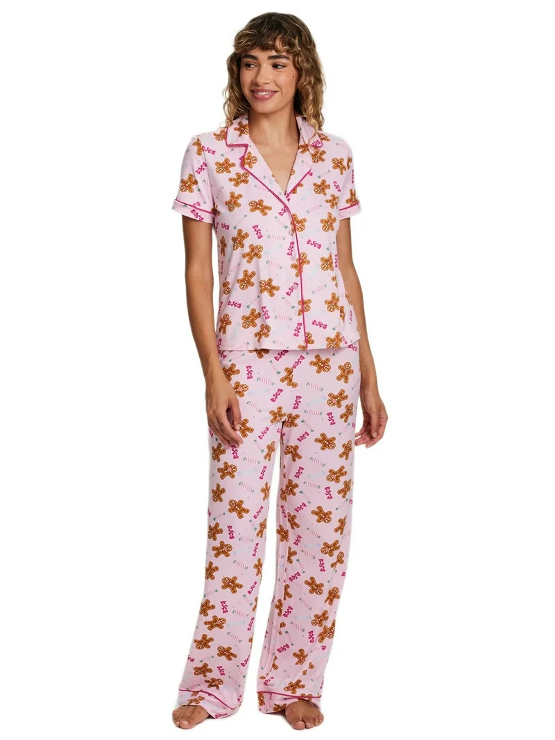 Sleep & Co. Women's & Women's Plus Short Sleeve Fesitve Notch Collar Button Down with Pant Pajama... | Walmart (US)