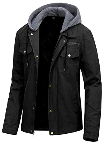 Pursky Men's Winter Warm Thicken Cotton Quilted Military Jacket Coat Fleece Lined Field Jacket With Hood Black(thick) XL | Amazon (US)