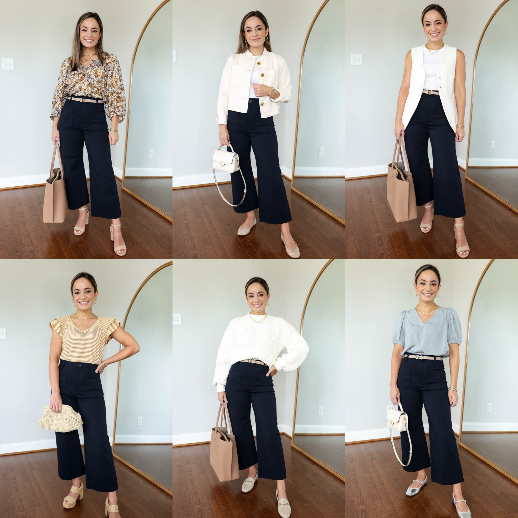 Navy Pants Six Ways! 

Pants (Kohl’s LC Lauren Conrad): 0 petite short - full stretch pants (like a pair of leggings but not clingy). Overall true to size. 12” rise, 23” inseam 

Floral top (Kohl’s LC Lauren Conrad): xs - top is oversized on me in xs, size down for the best fit 
Cropped Jacket (Kohl’s LC Lauren Conrad): petite xs - true to size 
White t-shirt (Madewell): xxs - worn under the cropped jacket 
White vest (dynamite): xxs 
White tank top (Madewell): xxs - worn under the vest 
Striped top (Lauren Conrad): xs - a little roomy but still has a great fit overall I don’t think you need to size down 
White sweater (banana republic factory): xxs - very thick and warm sweater for fall 
Blue top (LC Lauren Conrad): petite xs in blue ticking stripe 
All shoes are true to size 
Belt: xxs in mini 

My measurements for reference: 4’10” 105lbs bust, waist, hips 32”, 24”, 35” size 5 shoe. 25” inseam measurement to my ankle bone. 

#LTKStyleTip #LTKSeasonal