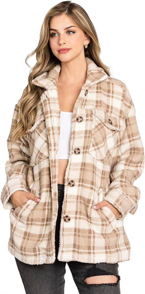 Women's Cozy Soft Sherpa Teddy Coat Plaid Shacket | Amazon (US)