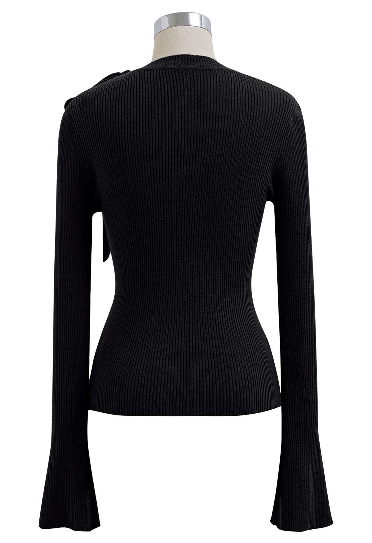Mesh Inserted Side Bowknot Fitted Knit Top in Black | Chicwish