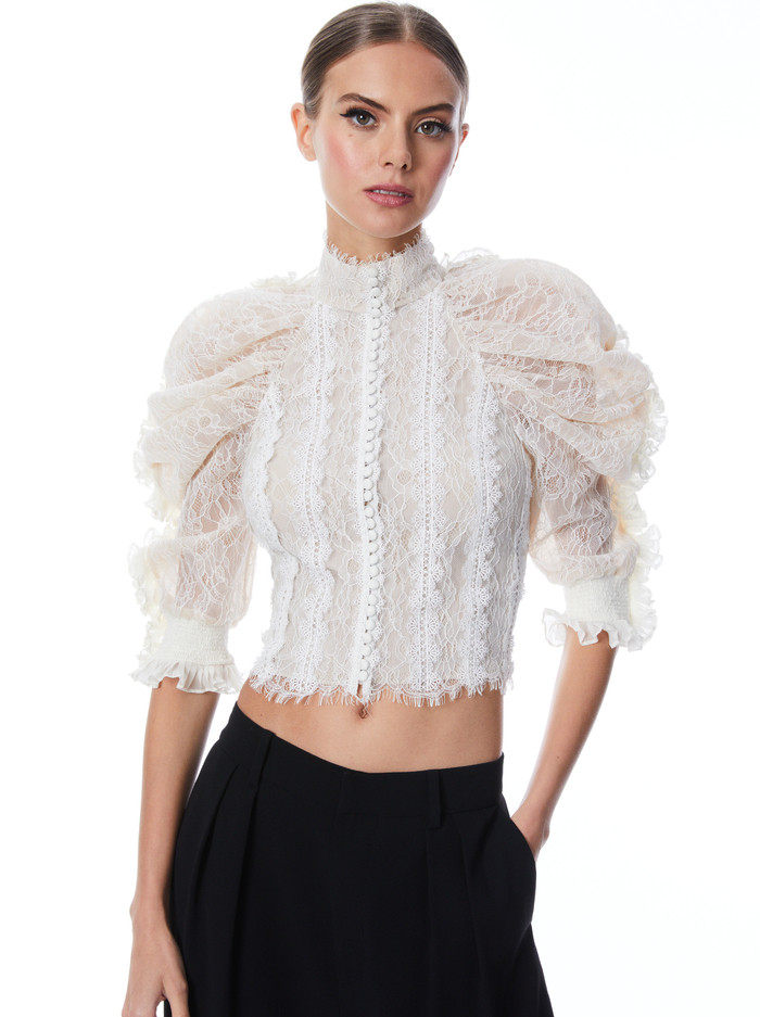 BRENNA BUTTON FRONT RUFFLE SLEEVE CROP TOP | Alice + Olivia