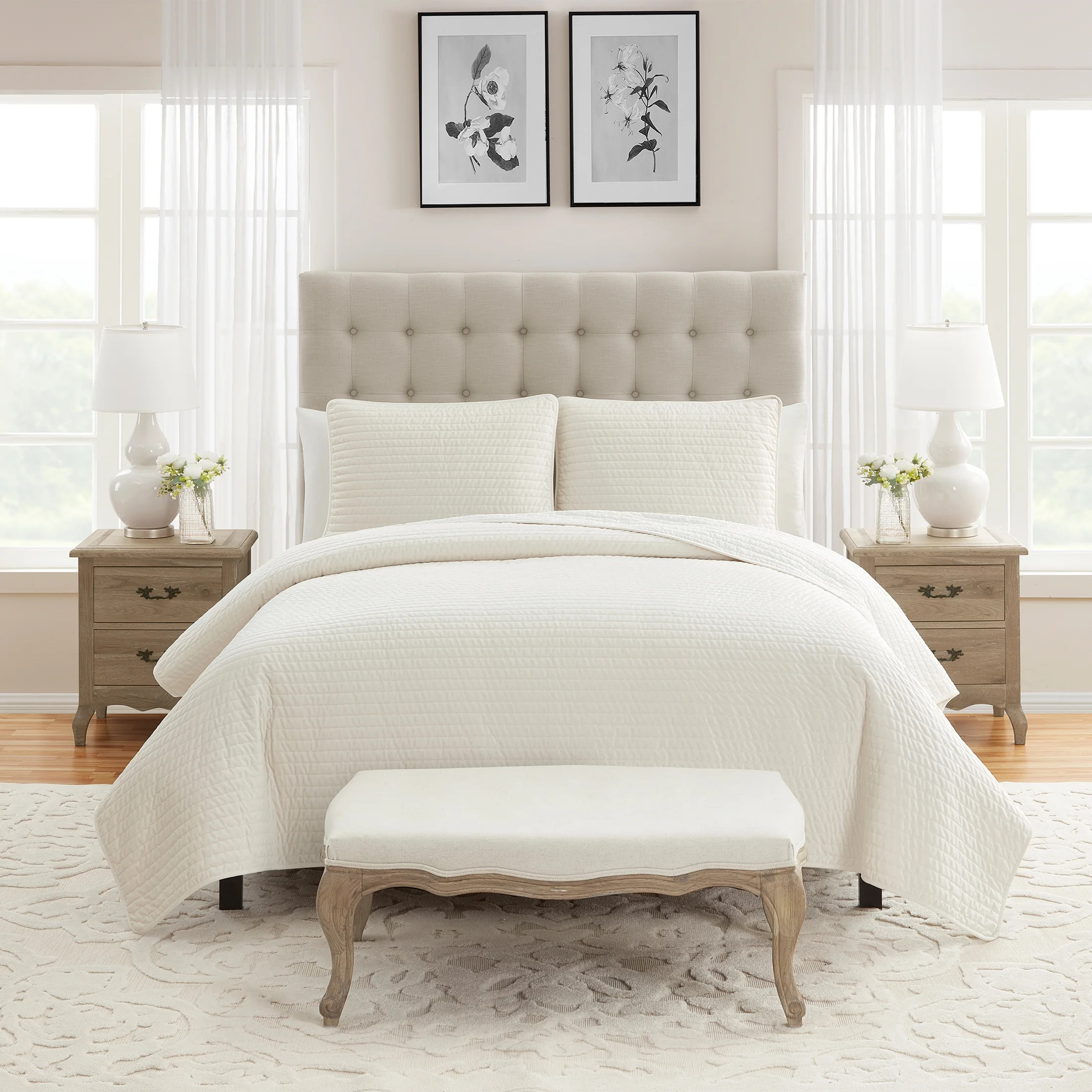 My Texas House Quinn Coconut Milk Pick Stitch Stripe Velvet 3-Piece Quilt Set, King | Walmart (US)