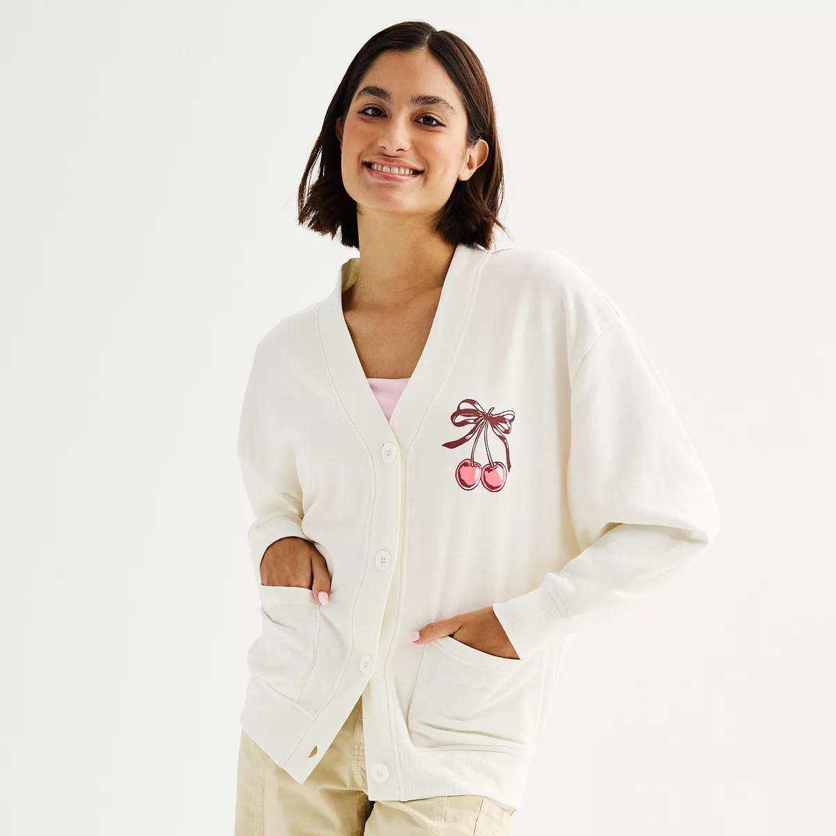 Juniors' Cherries With Bow Graphic Cardigan | Kohl's