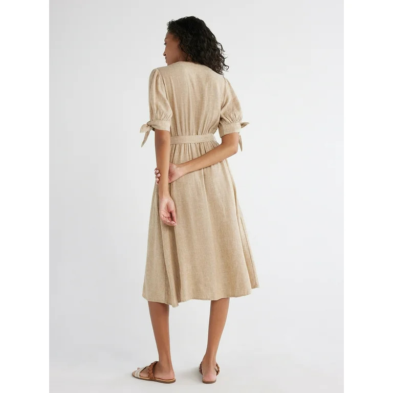Time and Tru Women's and Women's Plus Tie Sleeve Linen Blend Midi Dress, Sizes XS-4X - Walmart.co... | Walmart (US)
