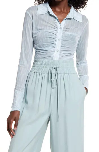 Open Edit Ruched Mesh Button-Up Shirt | Nordstrom | Nordstrom