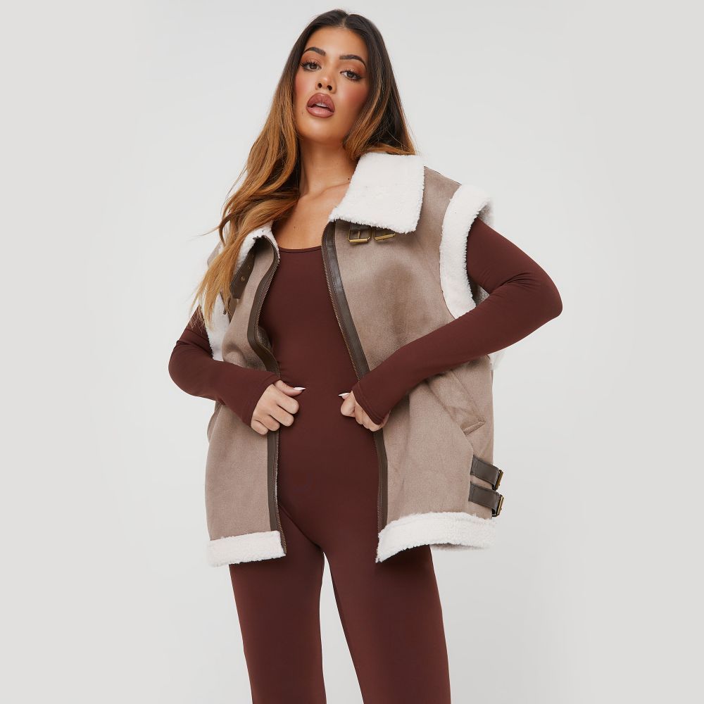 Oversized Aviator Gilet In Taupe Faux Shearling | Ego Shoes (UK)