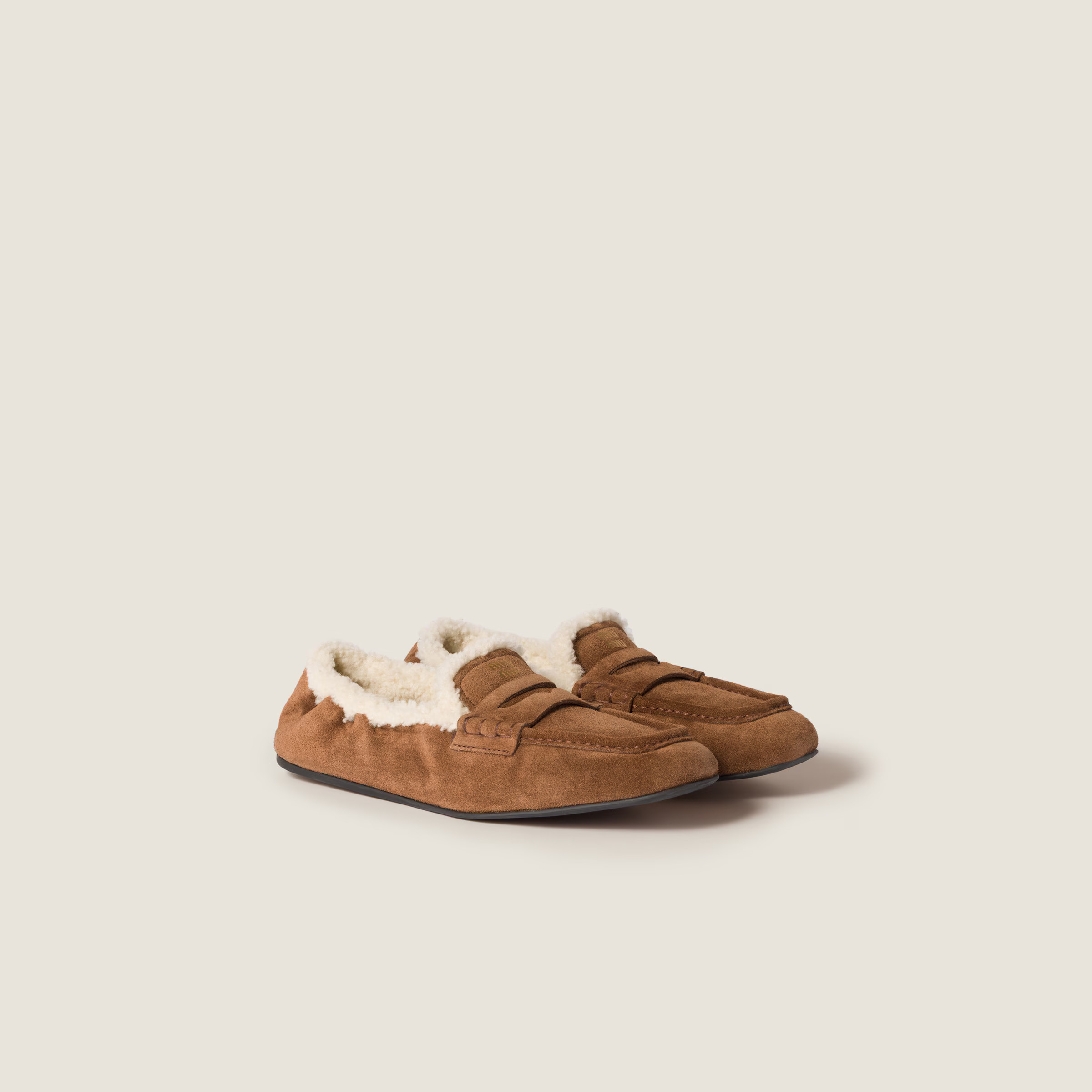 Cocoa Brown Ruches Suede Loafers | Miu Miu | Miu Miu US