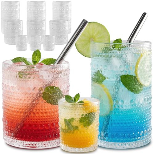 CycleMore Set of 12 Vintage Hobnail Drinking Glasses, 12oz + 10oz + 4oz Clear Glass Cups, Mixed Sizes Kitchen Water Glasses Cup, Bar Tumbler Glassware for Juice, Cocktail, Whiskey, Smoothie, Espresso | Amazon (US)