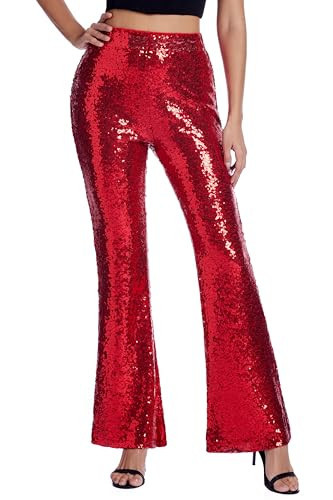 Women’s Sequin Pants Glitter Bell Bottoms Casual High Waist Wide Leg Flare Trousers Party Disco Clubwear Red X-Small | Amazon (US)