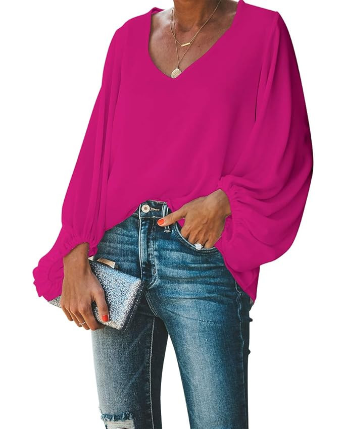 BELONGSCI Women's Casual Sweet & Cute Loose Shirt Balloon Sleeve V-Neck Blouse Top | Amazon (US)