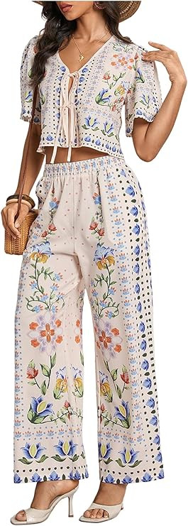 WDIRARA Women's Boho Floral 2 Piece Palazzo Pants Set Short Sleeve Tie Front Blouse Wide Leg Pant... | Amazon (US)