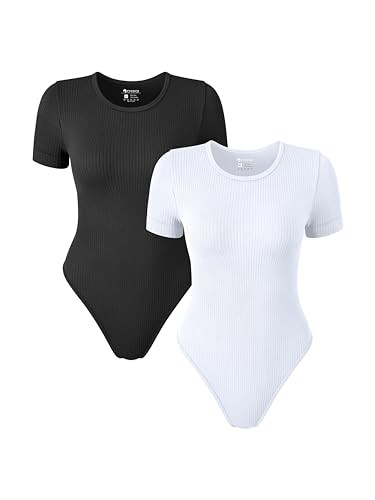 OQQ Women 2 Piece Bodysuits Sexy Crew Neck Short Sleeve Stretch Basic Bodysuits Black White | Amazon (US)