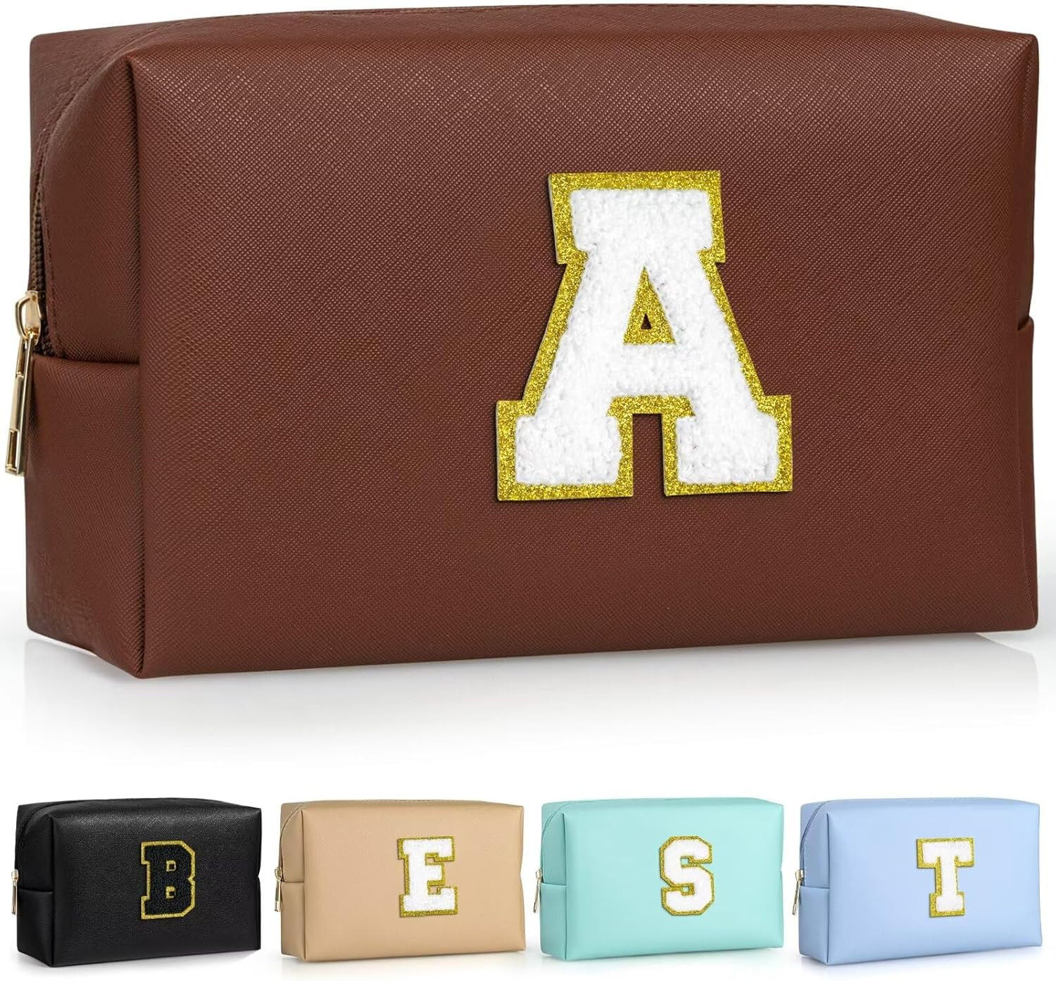 Preppy Makeup Bag, Personalized Initial Bags with Zipper, Cute Makeup Pouch, PU Leather Waterproo... | Amazon (US)