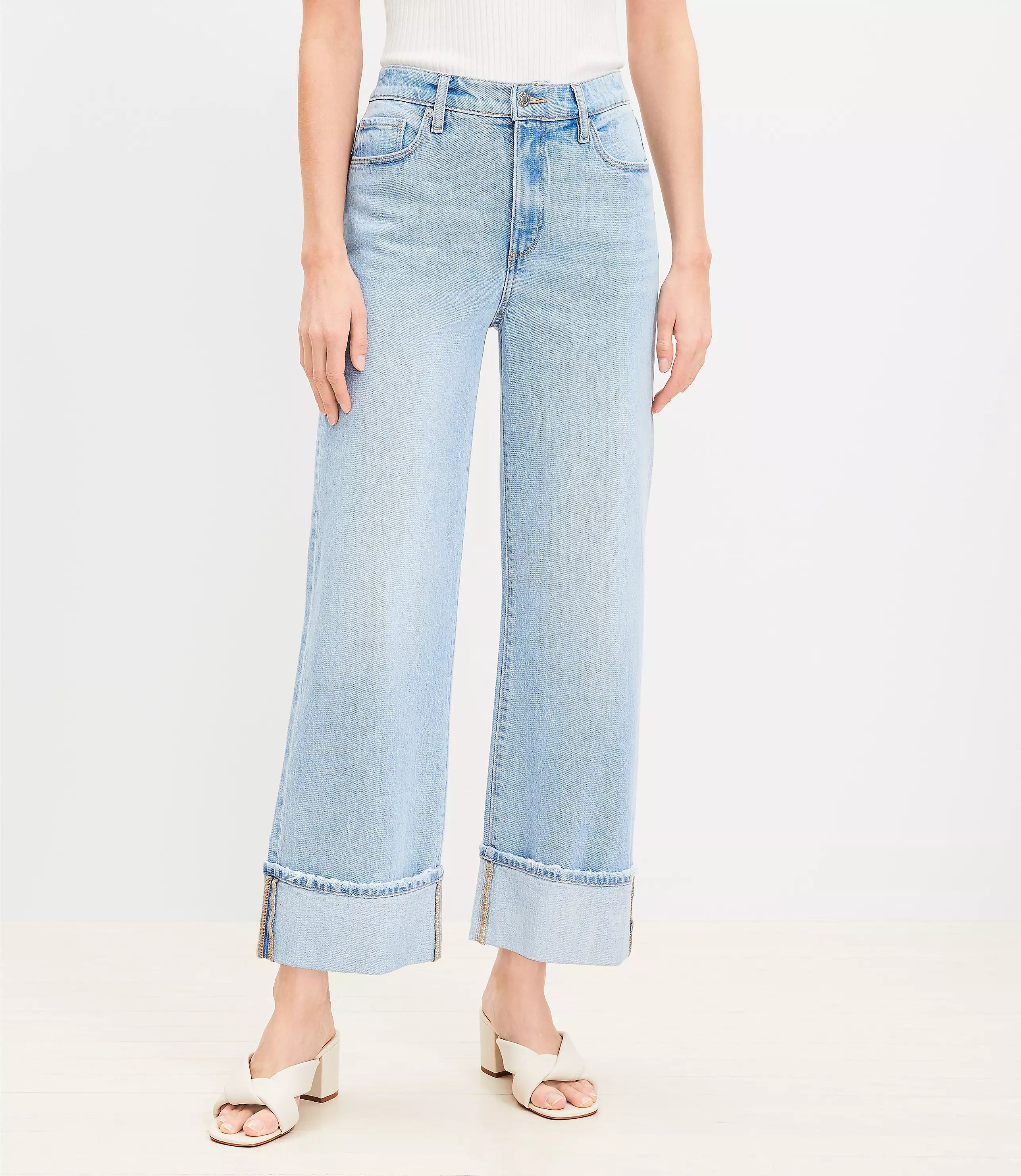 Petite Flip Cuff High Rise Wide Leg Crop Jeans in Light Wash | LOFT