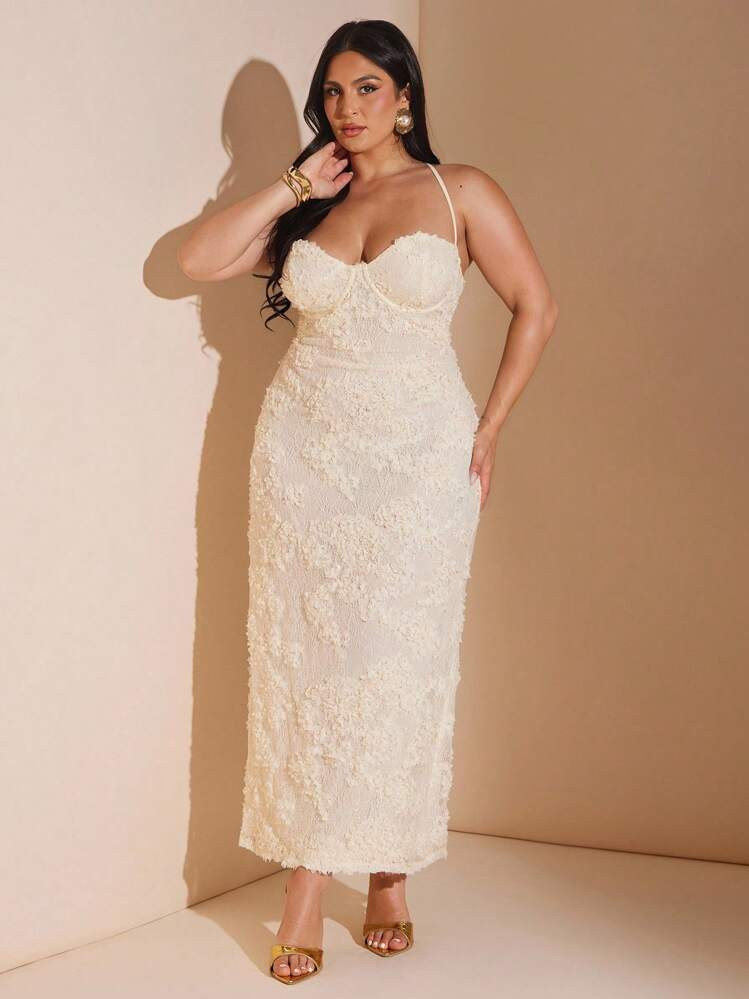 SHEIN BAE Plus Size Summer Women Jacquard Slim Fit Maxi Spaghetti Strap Dress,Butter Yellow,Summer Dresses/Formal Dresses For Women/Fall Wedding Guest Dress Curve/Club Outfits Women Sexy/Teacher Outfits Plus Size/Halloween Plus Size/Halloween Clothes/Plus Size Dresses/Airport Outfit For Ladies/Western Women Outfits/Back To School/Birthday Dresses For Women/Holiday Women Outfits/Rave Outfits/Off Shoulder/Elegant Dress,Homecoming Dress | SHEIN