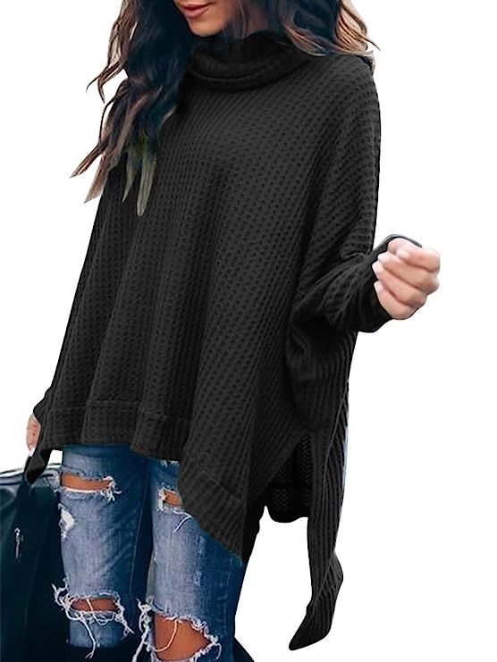 ANRABESS Women Turtlenck Batwing Sleeve High Low Hem Side Slit Waffle Knit Casual Loose Oversized... | Amazon (US)