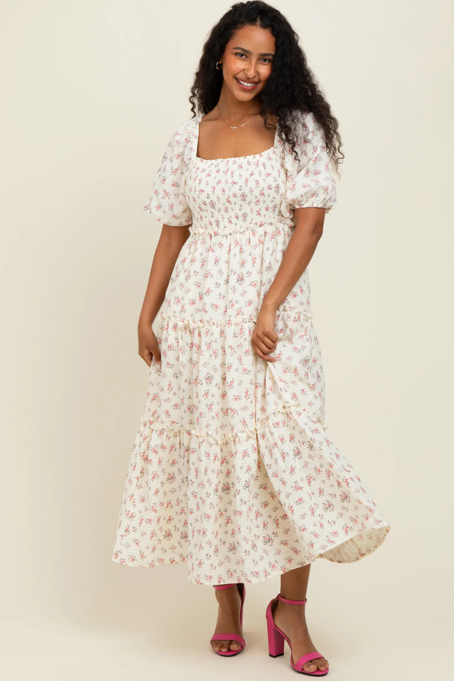 Pink Floral Smocked Ruffle Tiered Maxi Dress | PinkBlush Maternity