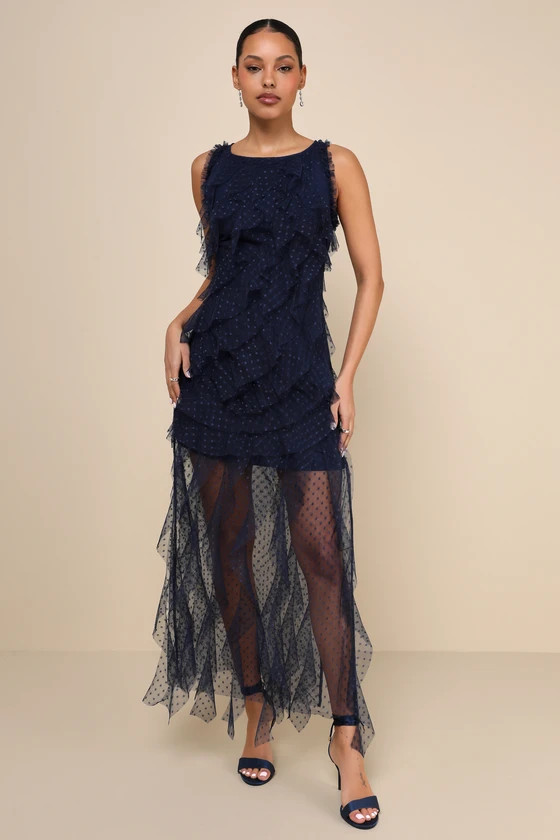 Striking Aesthetic Navy Blue Mesh Ruffled Swiss Dot Maxi Dress | Lulus
