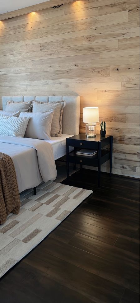 
Accent wall, nightstands, lamp, rug, headboard, bedding, neutral, interior decorating, home staging 

#LTKstyletip #LTKhome