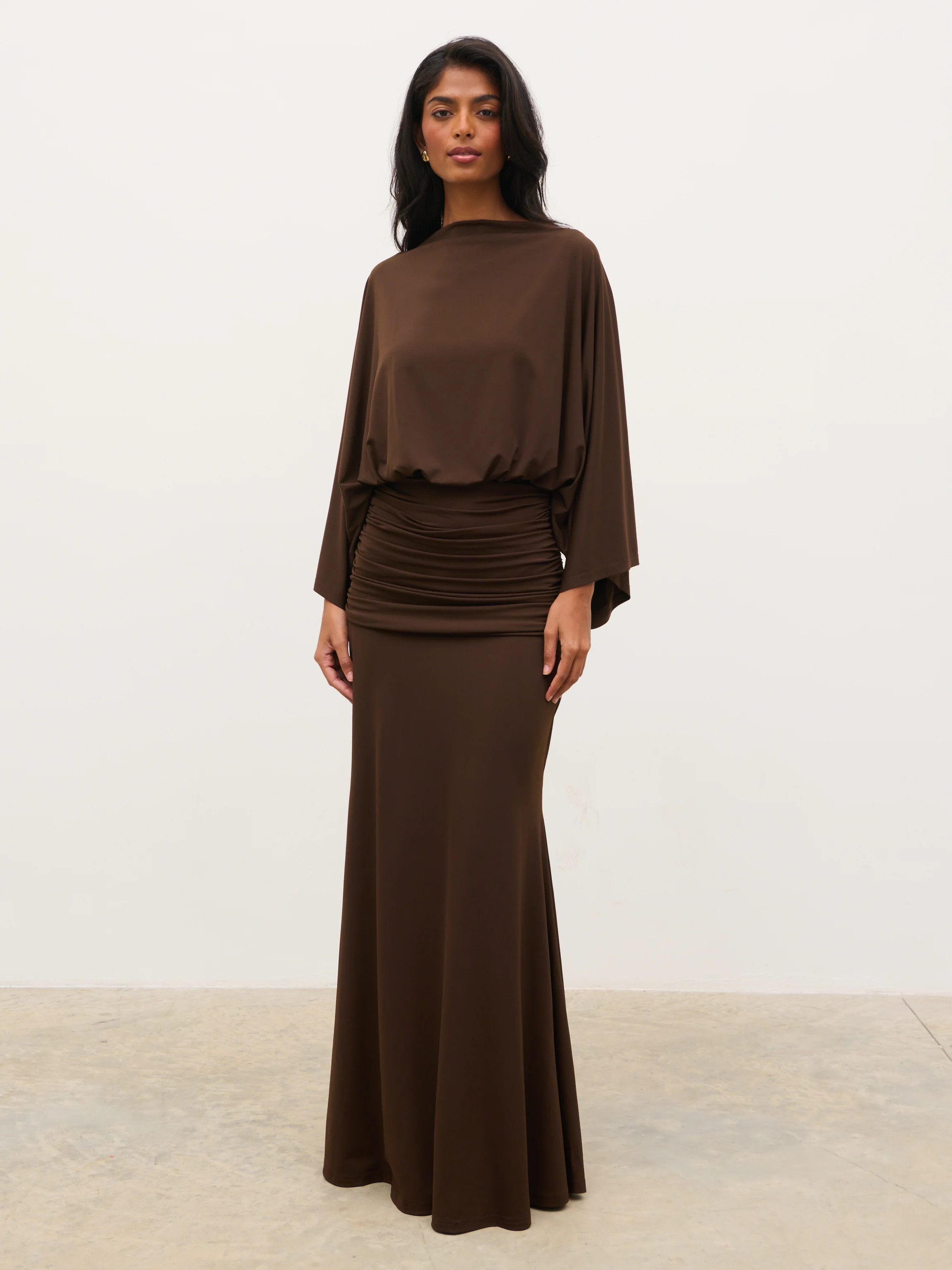 Riven Jersey Ruched Waist Maxi Dress - Chocolate Brown | Pretty Lavish (UK)