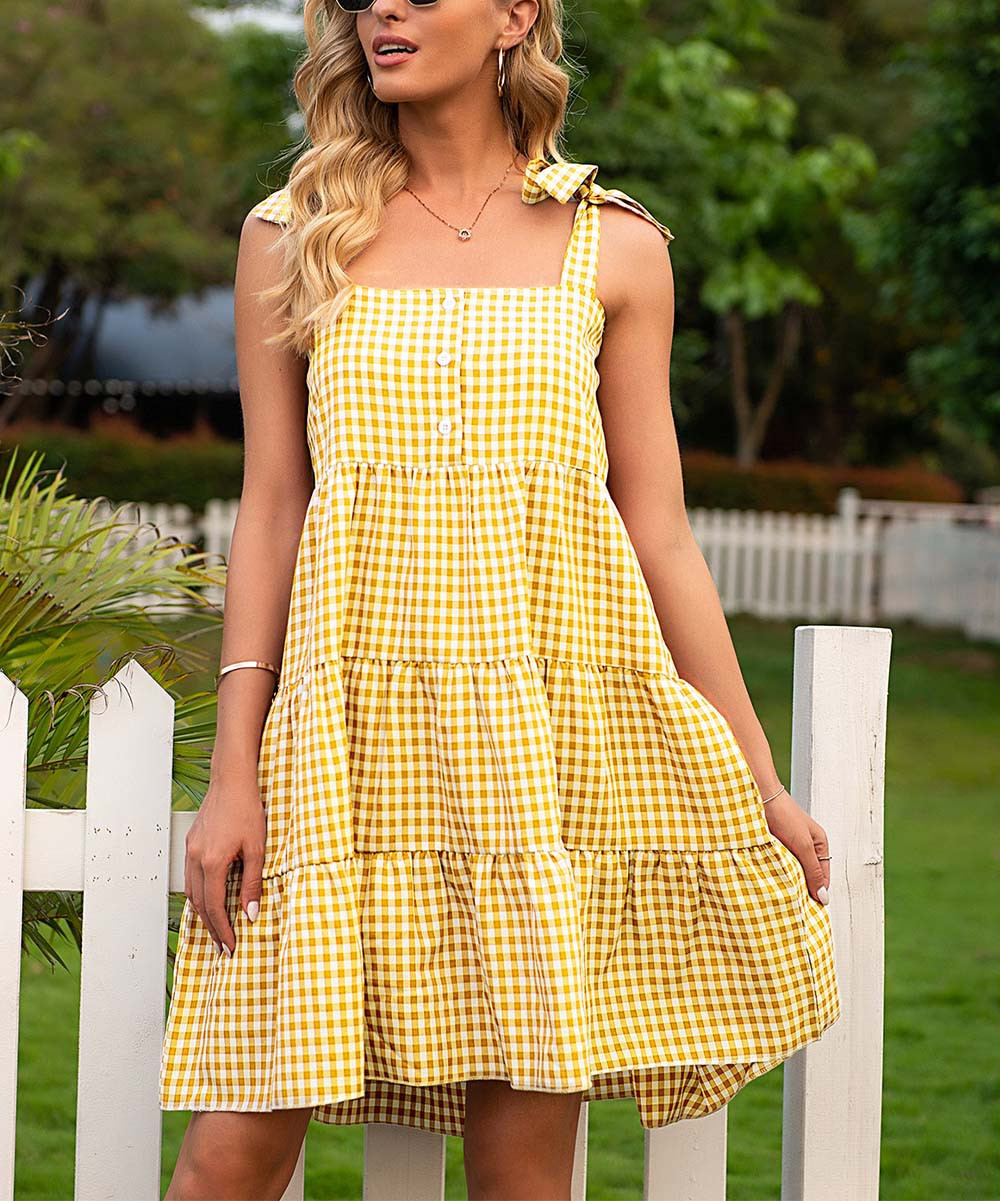 Sucrefas Women's Casual Dresses Yellow - Yellow Gingham Tie-Strap Tiered Sleeveless Dress - Women | Zulily