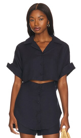 Drop Sleeve Short Shirt in Linen Navy Blue | Revolve Clothing (Global)